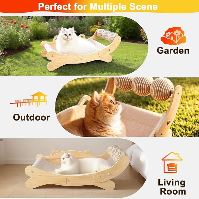 Cat Scratcher Bed, Heavy Duty Sisal Cat Scratching Post with Hammock for Indoor Cats, Natural Wood Cat Lounge for Sleeping & Scratching, Stable Bed for Large Cats
