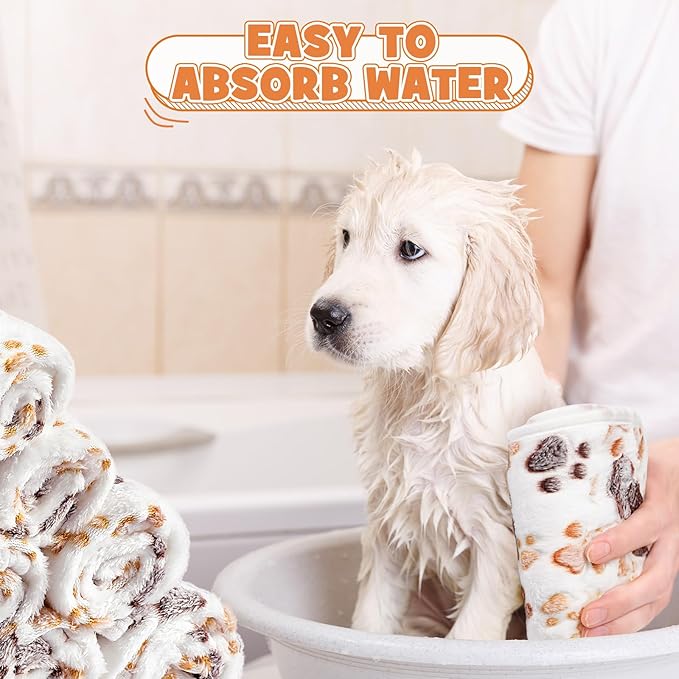 Tegeme 12 Pcs Pet Blankets Soft Fluffy Fleece Dog Cat Warm Paw Print Pattern Blankets Flannel Throw for Pets Dog Puppy Cat(30 x 20 Inch,White)