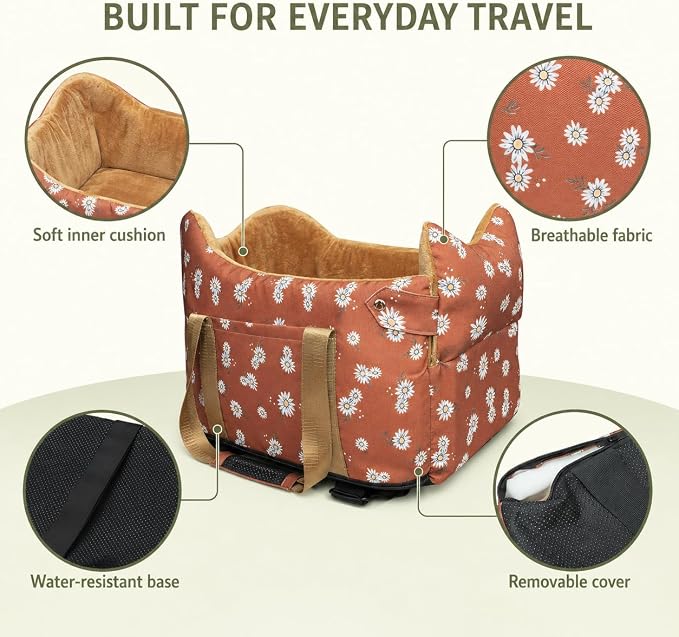 Center Console Dog Car Seat for Small Dogs 1 to 15 lbs,Cofe Color | Pet Travel Booster Seat with Safety Leash, Detachable Seat Belt,Storage Pockets