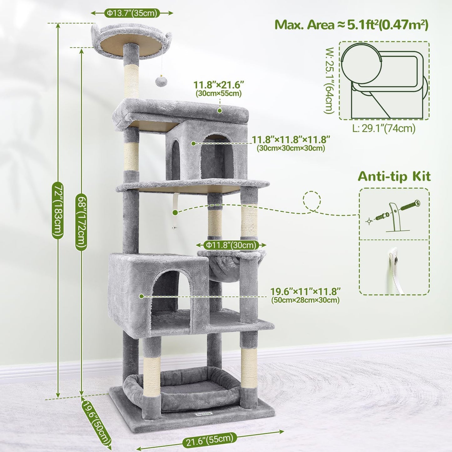 Globlazer Heavy Duty Cat Trees for Large Cats, Sturdy 72in Maine Coon Cat Tree for Large Cats 20 lbs+ Heavy Duty Cat Tower for Adult Biggest Cat with 6 Scratching Posts, Hammock, S72, Light Grey