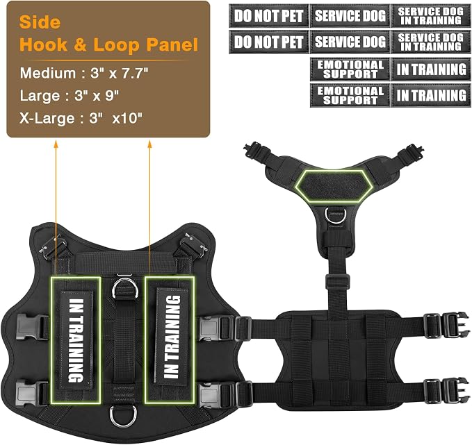 Service Dog Vest Harness for Large Dog, Tactical Working MOLLE Vest with 10 Pet Patches, No Pull Heavy Duty Harness for Training Hunting Walking
