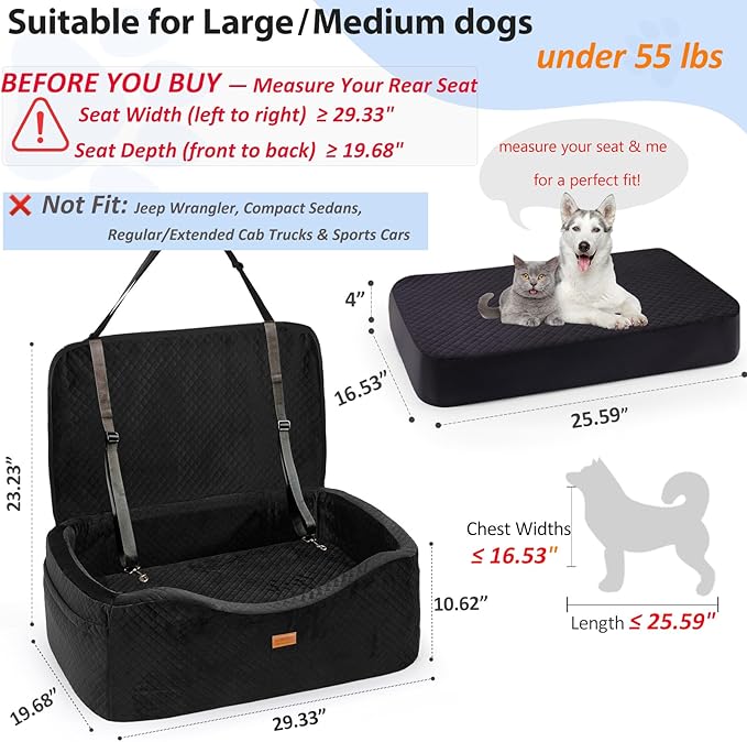 Large Dog Car Seat for Medium Sized, Dog Booster Car Seat, Pet Booster Seats up to 55lbs or 2 Small with 4" Memory Foam for Back Seat, Triple Safety Belts, Storage Pockets, Detachable/Washable