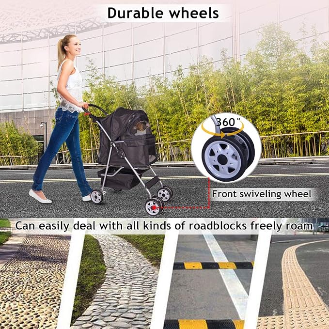 4 Wheel Pet Stroller Cat Dog Cage Stroller Travel Folding Carrier with Cup Holder and Removable Lining for Small and Medium Dogs, Cats (Black)