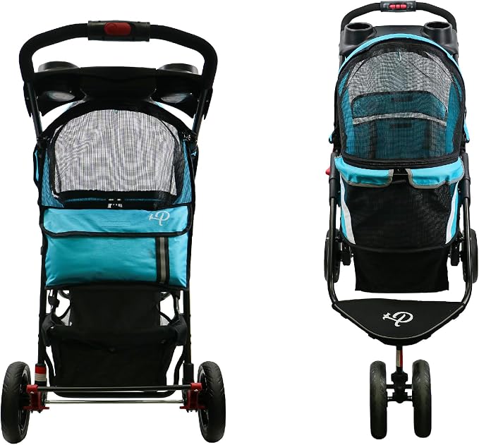 Petique Revolutionary Durable Pet Stroller, Easy Fold, Quality mesh Windows, Large Storage Basket, Secure Cup Holder Tray, Small/Medium Dogs, Cats and Pets, Supports up to 55LBS - Venus (Teal)