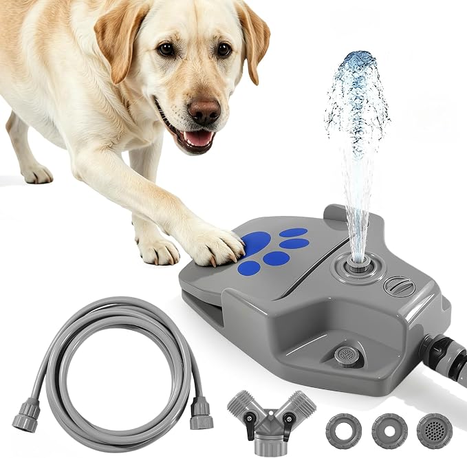 Outdoor Dog Water Fountain, Paw Activated Pet Water Dispenser, Step On Dog Sprinkler, Dog Drinking Station for Medium Large Dogs, Yard & Garden - Hose Connected, No Tank Design