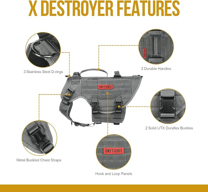 OneTigris Large Tactical Dog Harness, No Pulling Adjustable Dog Vest Harness, Heavy Duty X Destroyer Dog Harness with Handle, Large Hook and Loop Panels for Patch