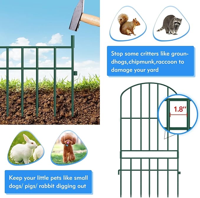 Adavin Animal Barrier Garden Fence,15 Pack Green 12''L x 25" H no dig Fence, Underground dig Protection for Dog Rabbits Rustproof Metal Wire Panel Border, 15 ft Ground Stakes for Outdoor Patio