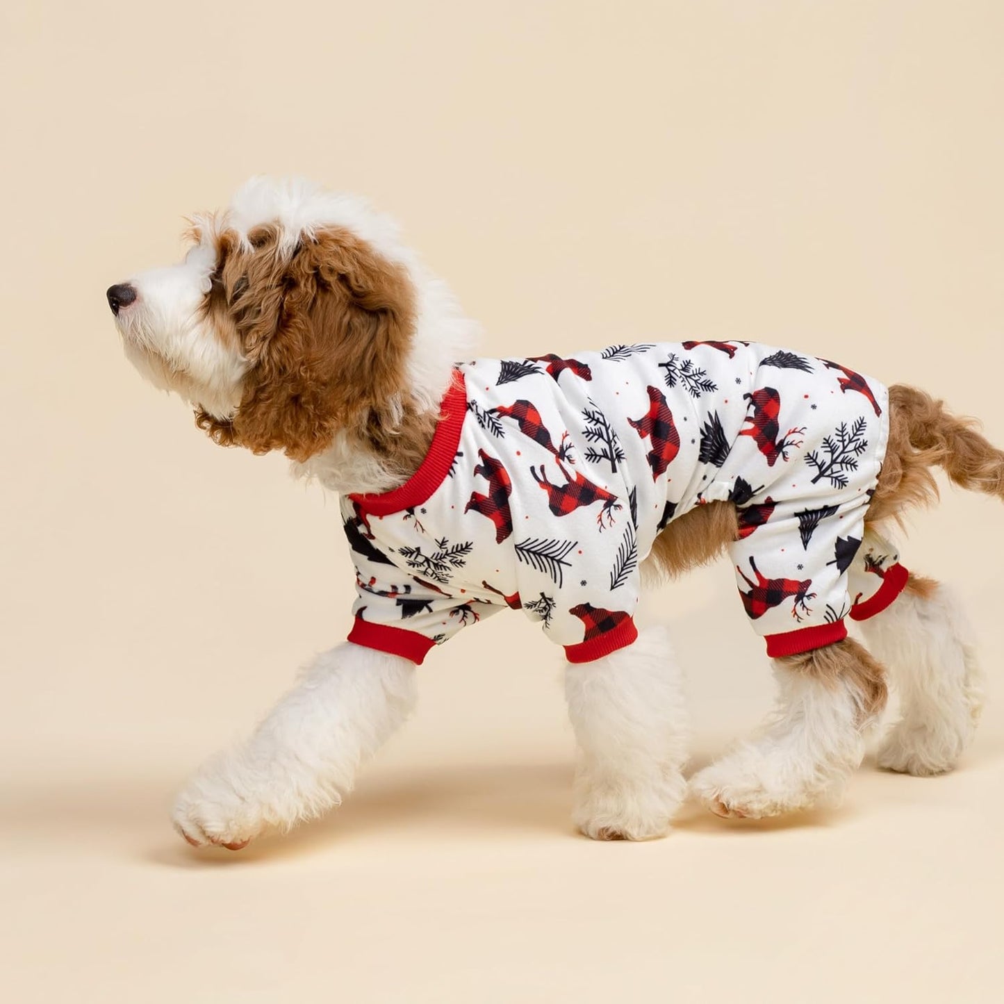 Fitwarm Reindeer Dog Christmas Pajamas, Winter Doggy Clothes for Small Dogs Boy Girl, Fleece Dog Onesie with Feet, Holiday Pet Outfit, Black, White, Red, Medium