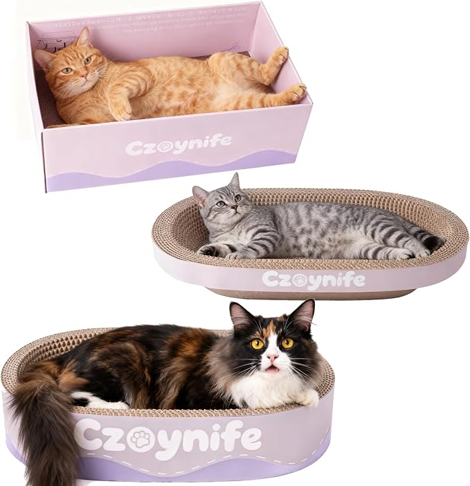 3PCS Cat Scratcher Cardboard, Oval Cat Scratch Pad Bowl Nest for Indoor Cats, Round Cat Scratching Board Corrugated Lounge Cat Bed, Furniture Protector for Couch (Purple, 17 * 11.5 in)