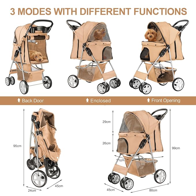 Pet Stroller for Small Dogs and CatsQuick-Folding Portable Travel Cat Dog Stroller with Storage Basket and Cup Holder, 4 Wheels, Beige
