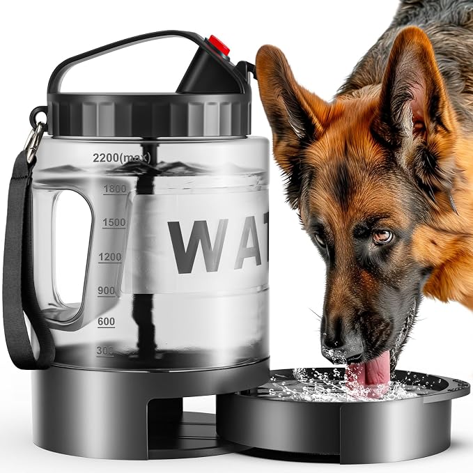77oz Portable Dog Water Bottle, Camping Essentials, Large Travel Bottle with Pull-Out Drinking Bowl, Portable Beach Accessories, Car Water Container for Dogs, BPA Free - Black