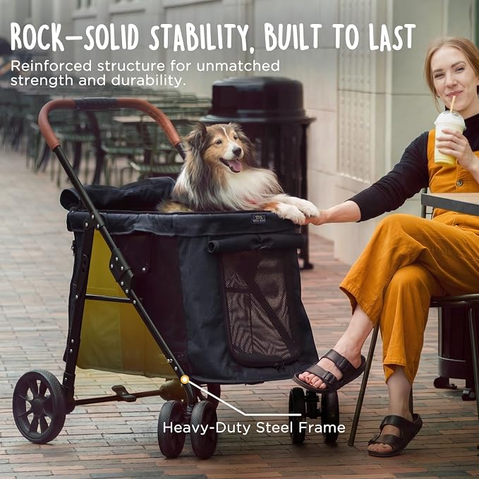 CANINE CANYON Scout Pet Stroller, Heavy Duty Dog Stroller for Large & Medium Dogs, Foldable Pet Stroller for 2 Small Dogs with All-Terrain Wheels, Storage Pocket & Cup Holder, 55 lbs Capacity, Black