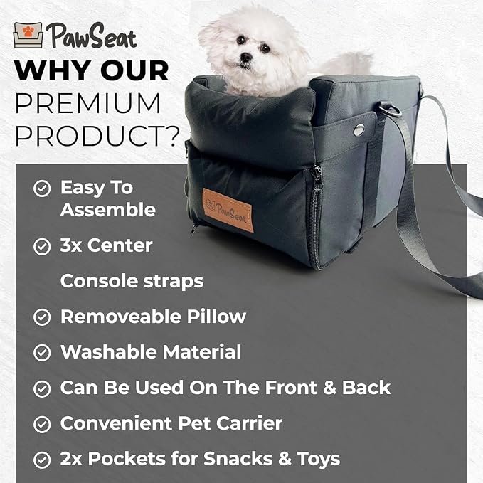 Center Console Dog Car Seat for Small Dogs and Puppies 5-13Lbs, Ideal Armrest Booster Car Travel Seat with Safety Protection Seat Belts, Storage Pockets - Reduces Anxiety (Black)