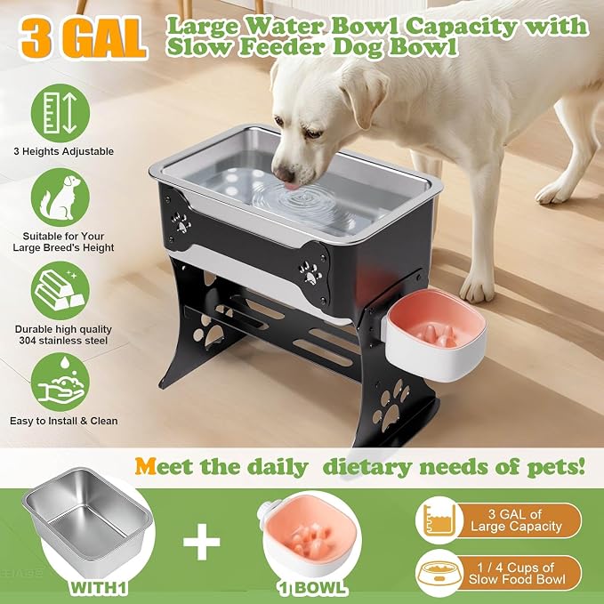 3 Gallon Elevated Dog Bowl Large Breed Raised Dog Water Bowl Stand,3 Height Adjustable Stainless Steel Pet Feeder Station with Anti-Slip Mat,Black Pet Bowl for Relief Joint Pressure,Easy Clean