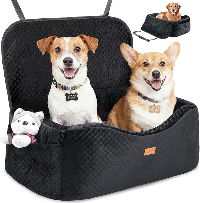Large Dog Car Seat for Medium Sized, Dog Booster Car Seat, Pet Booster Seats up to 55lbs or 2 Small with 4" Memory Foam for Back Seat, Triple Safety Belts, Storage Pockets, Detachable/Washable