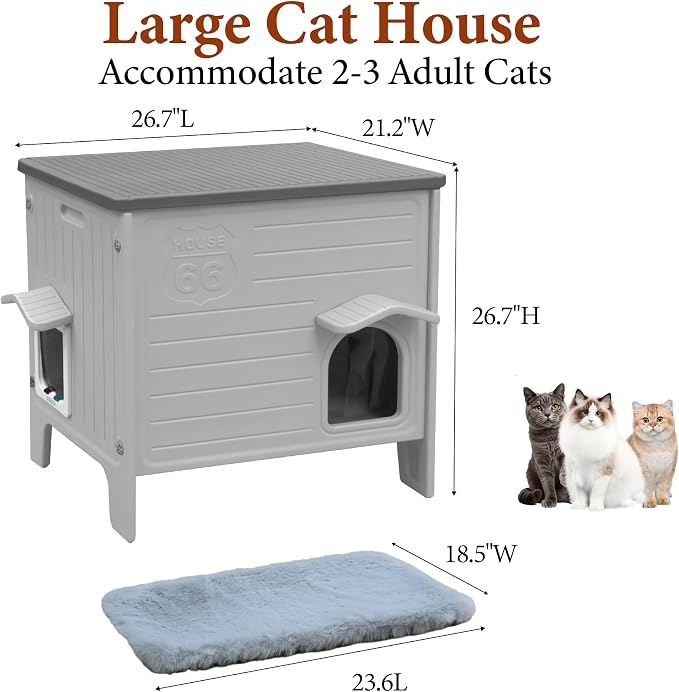 Cat House Outdoor with Cat Mat Large Weatherproof Plastic Cats Shelter | Weatherproof Cat House with Escape Door Indoor Waterproof Feral/Pet Cat Shelter Outside for Multiple Cats