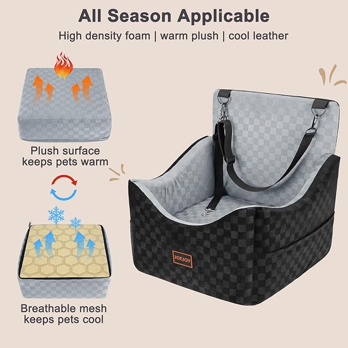 JOEJOY Elevated Dog Car Seat for Small/Medium Dogs up to 35 lbs, Memory Foam Booster Seat with Detachable Washable Cover, Travel-Safe Car Bed with Safety Belts & Storage Pockets, Grey