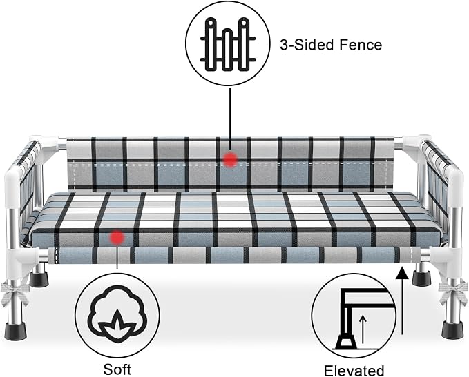 Elevated Dog Bed with with Guardrail & Cushion, Raised 3-Fence Dog Bed | Breathable Lifted Stainless Steel Frame Dog Hammock Bed with Mat for Medium Pets, Cooling Washable Dog Cot