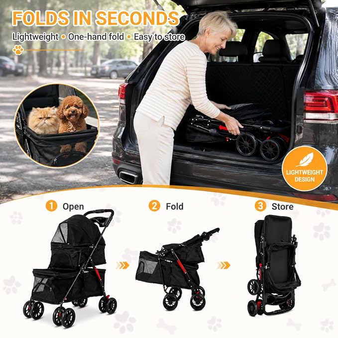 Double Pet Stroller for 2 Cats & Dogs, 2-in-1 Cat & Dog Stroller, Lightweight Foldable Travel Cart with Cup Holder & Brake Cat Strollers for 2 Cats, Dog Strollers for 2 Small Dogs