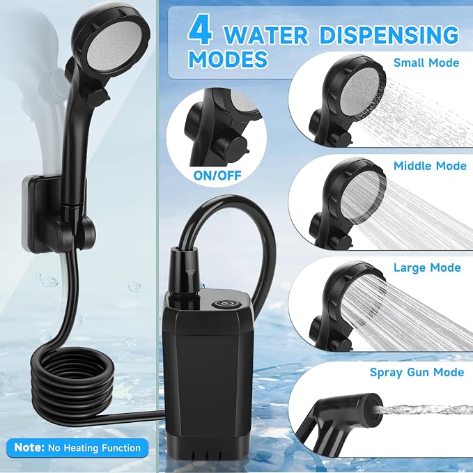 vignuto Portable Shower for Camping, Rechargeable Camping Shower Pump with LED Display of Battery Level and Temperature
