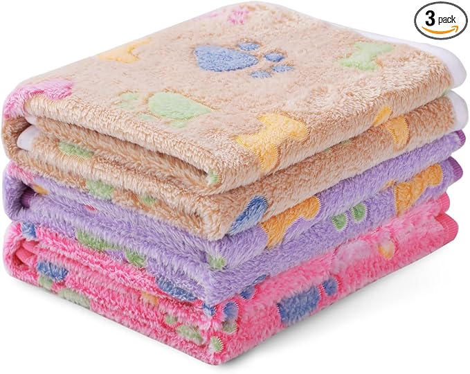 1 Pack 3 Blankets Super Soft Fluffy Cute Bone Pattern Pet Blanket Flannel Throw for Dog Puppy Cat Pink/Brown/Purple Large