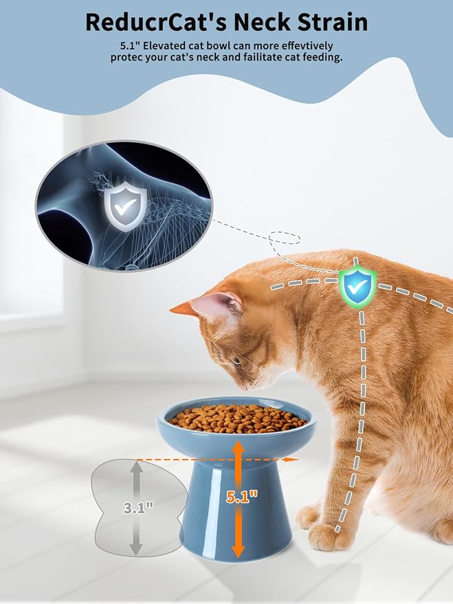LoeJan Elevated Cat Food and Water Bowls Set, Extra Wide and Raised Ceramic Feeder, Anti-Vomit Whisker-Free Pressure Feeding Bowl for Kittens Adult Small Dogs (Deep Blue, Food Bowl)