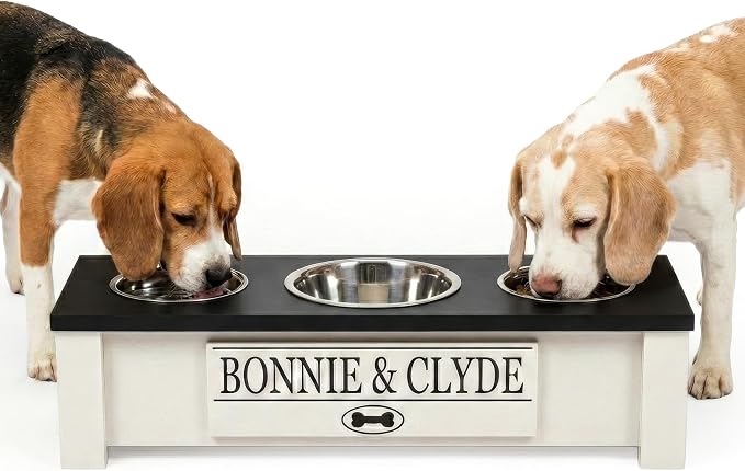 3 Bowl Dog Feeding Station, Personalized Triple Bowl Food Stand Small Dogs | Farmhouse Style, Elevated Wood Stand, Storage Container, Stainless Steel Bowls, Raised Feeder, Small Breed, Made in USA