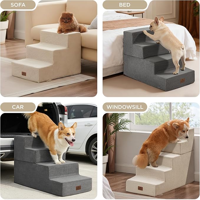 Joydeco Dog Stairs for Bed 15" H, 3-Step Pet Steps for Small Dogs and Cats, Dog Steps for High Bed, Non-Slip Balanced Ramp Indoor Pet Stairs, Beige