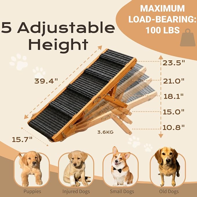 Dog Ramp for Couch, Wooden Small to Large Dog Ramp for Bed Sofa Car | 2026 Upgraded Foldable Pet Ramp, 5 Adjustable Heights (10.8"-23.5"), Portable, Wider and More Stable, Non-Slip