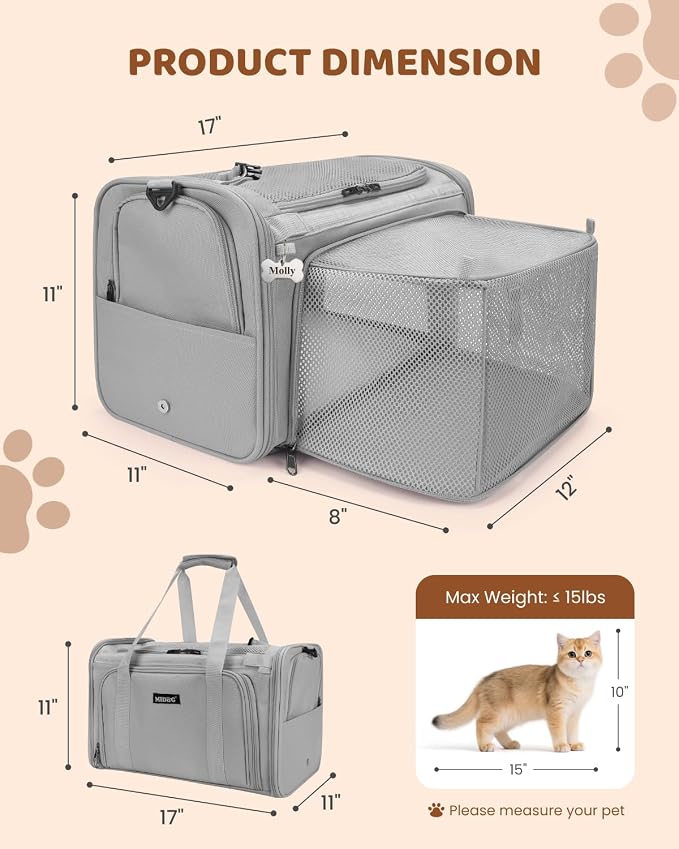 MIDOG Cat Carrier Soft for Small-Medium Cats Up to 15lbs, Airline Approved | Expandable Square Design,Comfort & Breathable Window,Equipped with anti-slip lock zippers and an internal safety leash