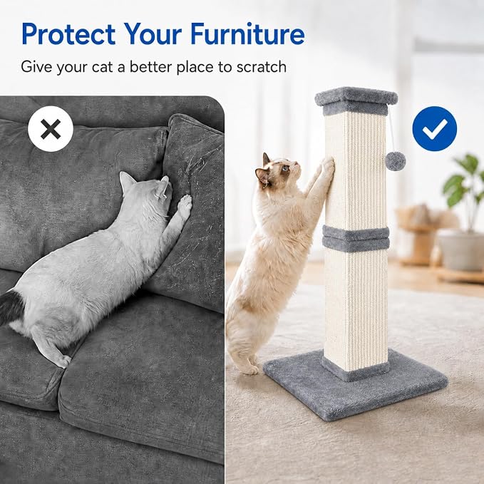 Vertical Cat Scratching Post for Indoor Cats, Sisal Scratch Tower with Soft Plush Base & Ball, 32'' Tall Cat Scratcher Column for Kittens and Adult Cats, Furniture Protection, Light Grey
