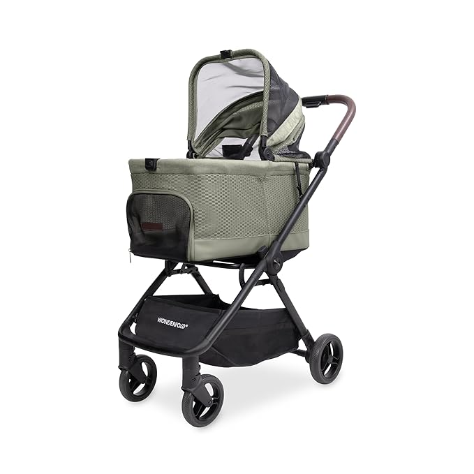 WonderFold Bella Pet Stroller - Autofold Design with Lightweight Aluminum Frame, Breathable Carriage Fabrics and Canopy, Safety Tethers & Easy-Clean Interior - Moss
