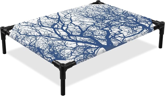 Outdoor Elevated Dog Bed for Medium Dogs, Modern Tree Branches Breathable Cooling Raised Dog Cot for Indoor/Outdoor, Contemporary Sky Blue Botanical Waterproof Elevated Pet Beds, M 24 x 20 in