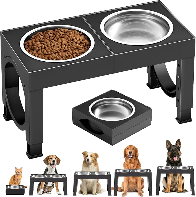 XIAZ Elevated Dog Bowls Large Breed Raised Dogs Bowl Stand Large/Medium Sized Dog Stainless Steel Food Water Bowl Stands 5 Heights Adjustable 9/11/12/14in Black Pet Feeder Dish Station