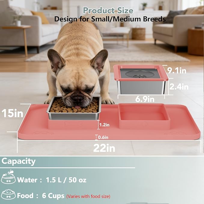 Dog Bowl Set, No Spill Dog Water and Food Bowl with Silicone Mat | Large Capacity 304 Stainless Steel Bowls, 2-In-1 Set, Slow Drinking, Anti-Slip Silicone Feeding Mat, Home/Travel, 6-7 Cups