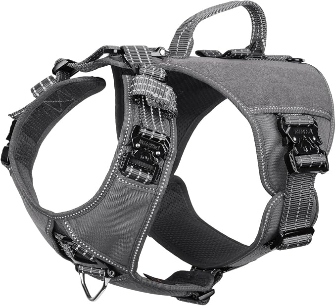 ICEFANG Quick-Moving Tactical Dog Harness for Small Dogs,No Pull Dog Vest | Control Handle,Reflective,Full Metal Buckles,Adjustable,Hook-and-Loop Panel,Soft Padded,Grey,Small
