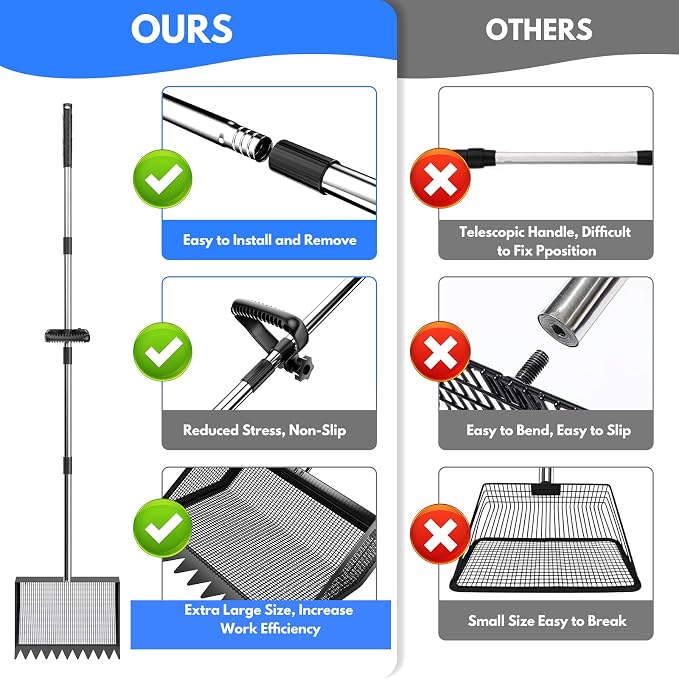 VEEMI Chicken Poop Scooper Rake 2-in-1,304 Stainless Steel Shovel Head, Chicken Litter Scoop with Handle for Chicken Coop for Sand, Pet Waste Cleaning, Litter Sifting Shovel (35 to 65") | Chicken Poop Scooper