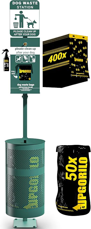 Pet Waste Station - Includes 400 Pull Out Bags & 50 Can Liners - Original Glow in the Dark Dog Waste Station with Dog Poop Sign, Bag Dispenser, Hand Sanitizer Bottle & Outdoor Trash Can with Lid