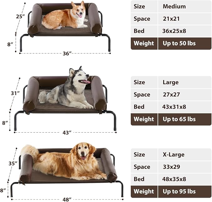 Cooling Elevated Dog Bed for Large Dogs – Waterproof Raised Dog Cot with Slope Headrest, Breathable Teslin Mesh, Durable & Portable Pet Bed for Indoor and Outdoor Use, Brown
