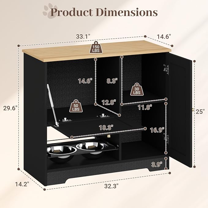 Rovibek Dog Food Storage Cabinet with 2 Raised Dog Bowls and Storage | Pet Food Cabinet Feeding Station and Dogs Food Storage Organizer with 3 Hooks for Living Room