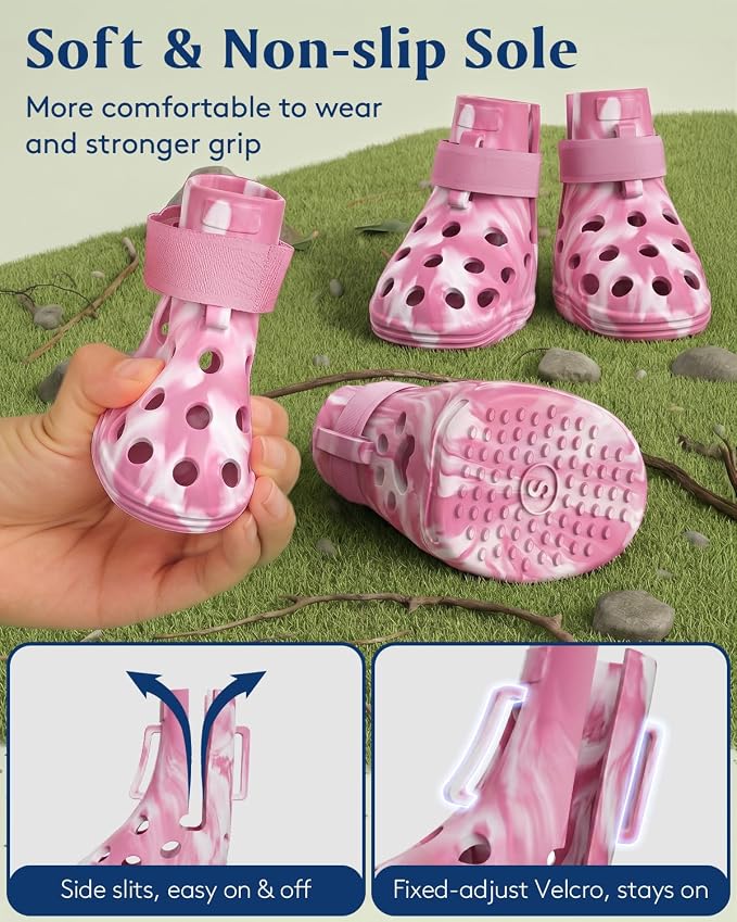 Dog Shoes for Hot Pavement, Breathable Dog Boots Paw Protectors with Adjustable Straps & Non-Slip Sole, Easy On & Off, Waterproof, Easy-Cleaning (Pink Marble, S)