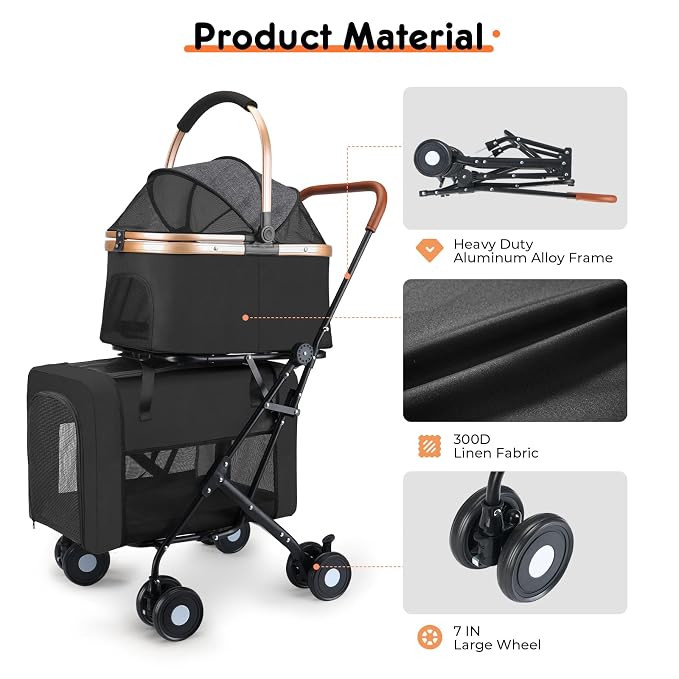 Double Pet Stroller for Small Medium Dogs - 4 In1 Dog Stroller for 2 Pets, Detachable and Foldable with 360°Rotating Wheels, Easy Assembly and Compact Size (Black)
