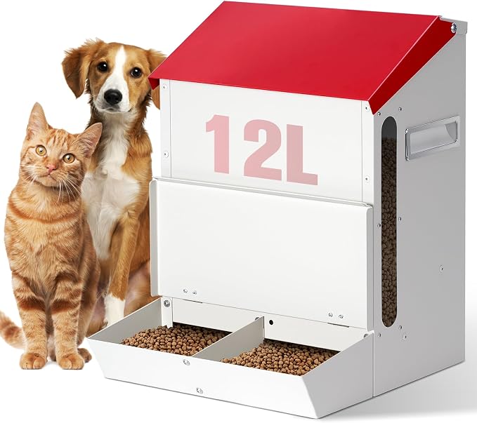 Automatic Cat Feeder 2 Cats,50cups/12L Pet Feeders Large Capacity Outdoor | Galvanized Steel Multiple Cats Feeder Gravity Dog Dry Food Dispenser with Lid