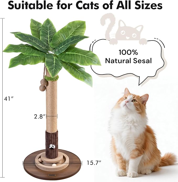 WOOCHPET Cat Scratching Post for Indoor Cats 35" Tall, Sisal Cat Scratcher with Mouse Toy and Track Balls, Wooden Base (Brown)