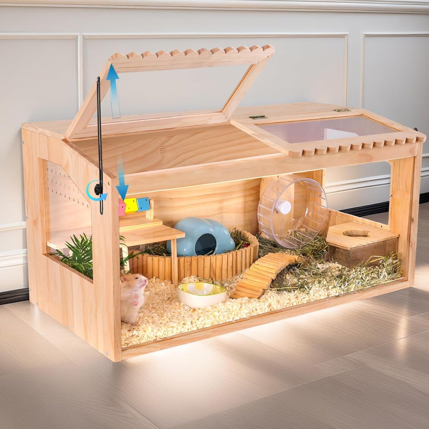 Wooden Hamster Cage, 32"x16"Guinea Pig Cage, Small Animal Cage for Dwarf Syrian Hamsters Degus Mice & Other Small Pets. Large Hamster cage with with 2 Adjustable skylights.