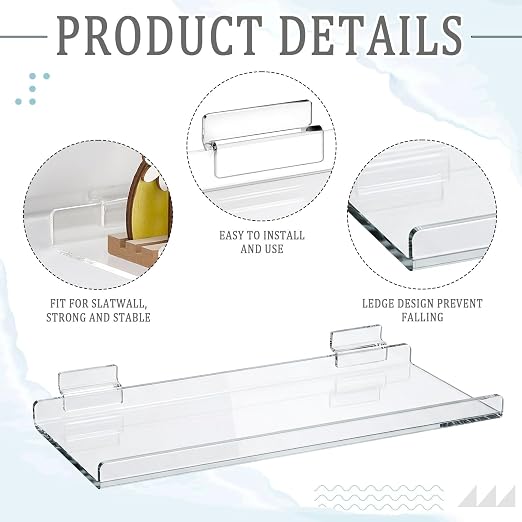 Yalikop 4 Pcs Slatwall Shelves Clear Acrylic Slatwall Shelves Organizer Wall Mounted Hanging Accessories Plastic Panel Display Shelf for Retail Store Boutique Garage Home(No Fence Style,12 x 5 Inch)