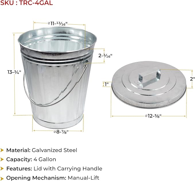 Mytee Products Galvanized Trash Can w/Lid Ideal for Trailers - 4 Gallon Steel Mounted Small Outdoor Garbage Can for Home, Office, Bathroom, Kitchen - Fire and Heat Resistant