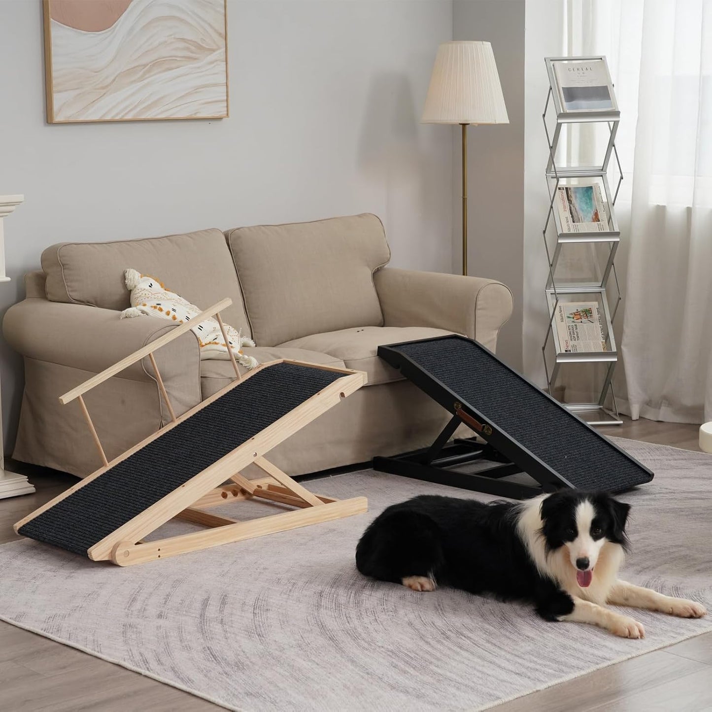 Dog Ramp for Bed Couch - Pet Steps Stairs to Get on Bed Couch 11.8"-19.6" High for Small or Large Dog Up to 200 lbs, Adjustable Wooden Dog Ramp Steps Foldable Portable, Anti-Slip Carpet (Black)