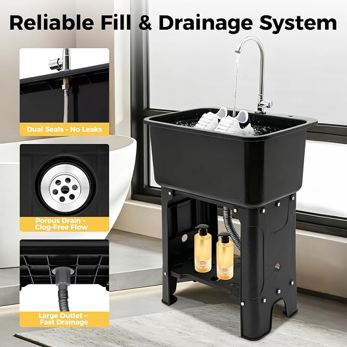 Plastic Outdoor Sink Utility Tub with Hose Hook Up Black | 110.23 lbs Load Capacity, 360° Swivel Faucet, Includes Washboard, Bottom Storage Board, Suitable for Garages and Gardens