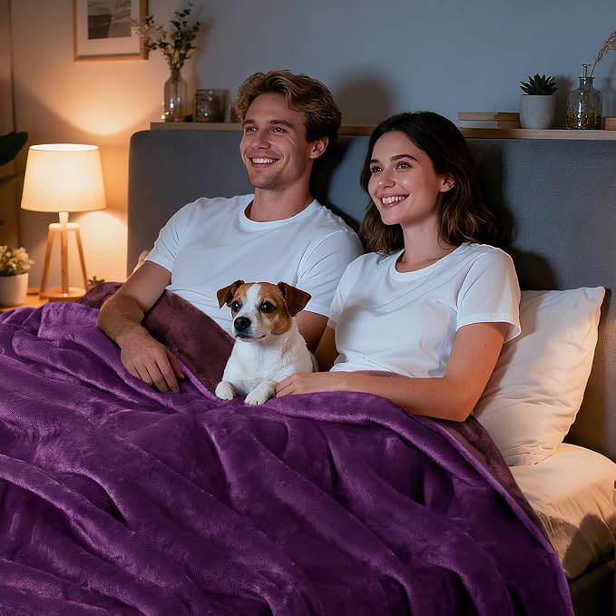 LOOBANI Waterproof Blanket for Queen Bed, Reversible Purple Flannel 80"x90" | Waterproof Dog Blankets for Large Dogs, Spill-Proof Couch Cover for Family Movie Nights, Camping, Travel, Noise Free